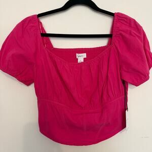 Japna NWT 100% Cotton Puff Sleeve Cropped Corset Bodice Ruched Pink Top Sz Lg